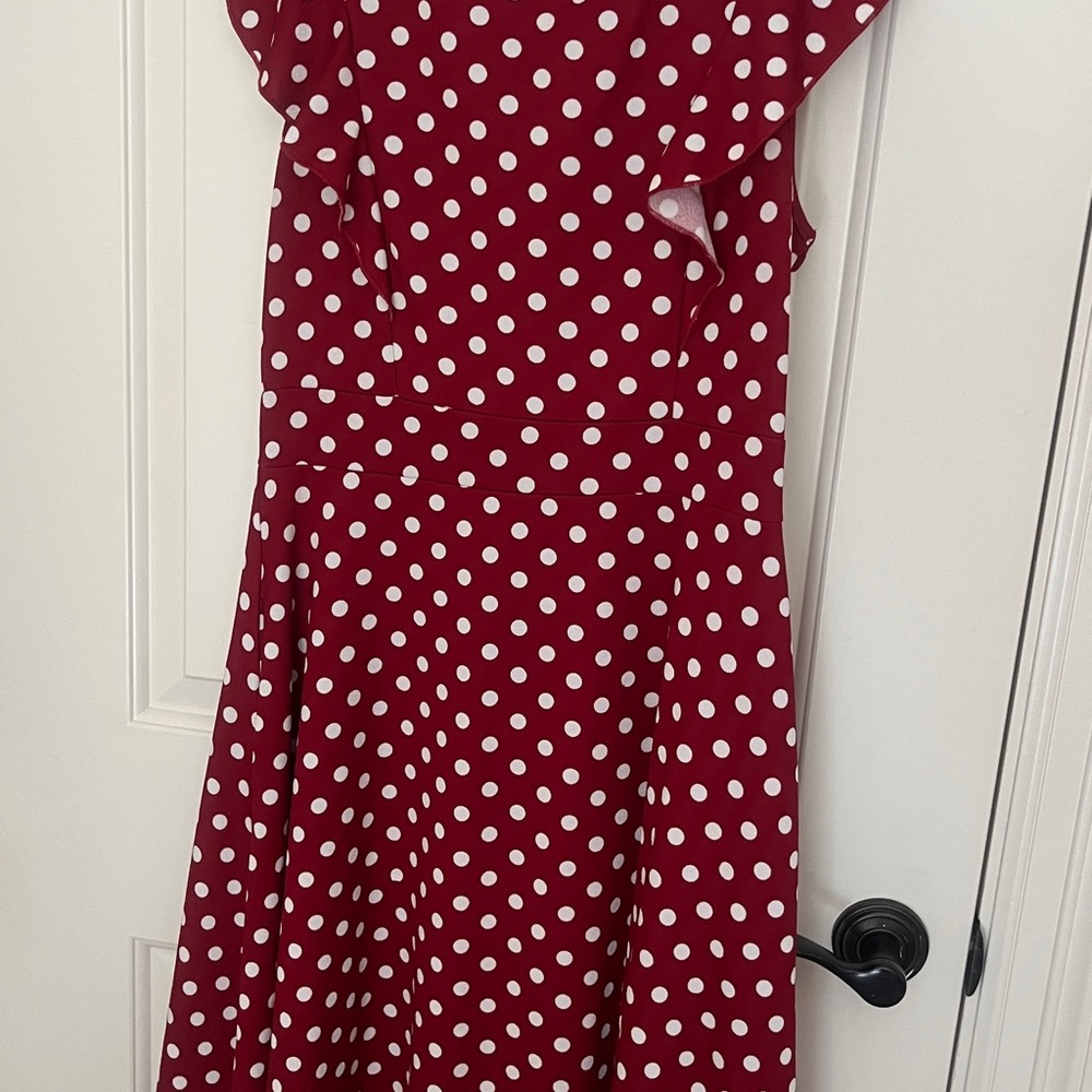 Red Polka Dot A-Line Dress with Cap Flutter Sleeves